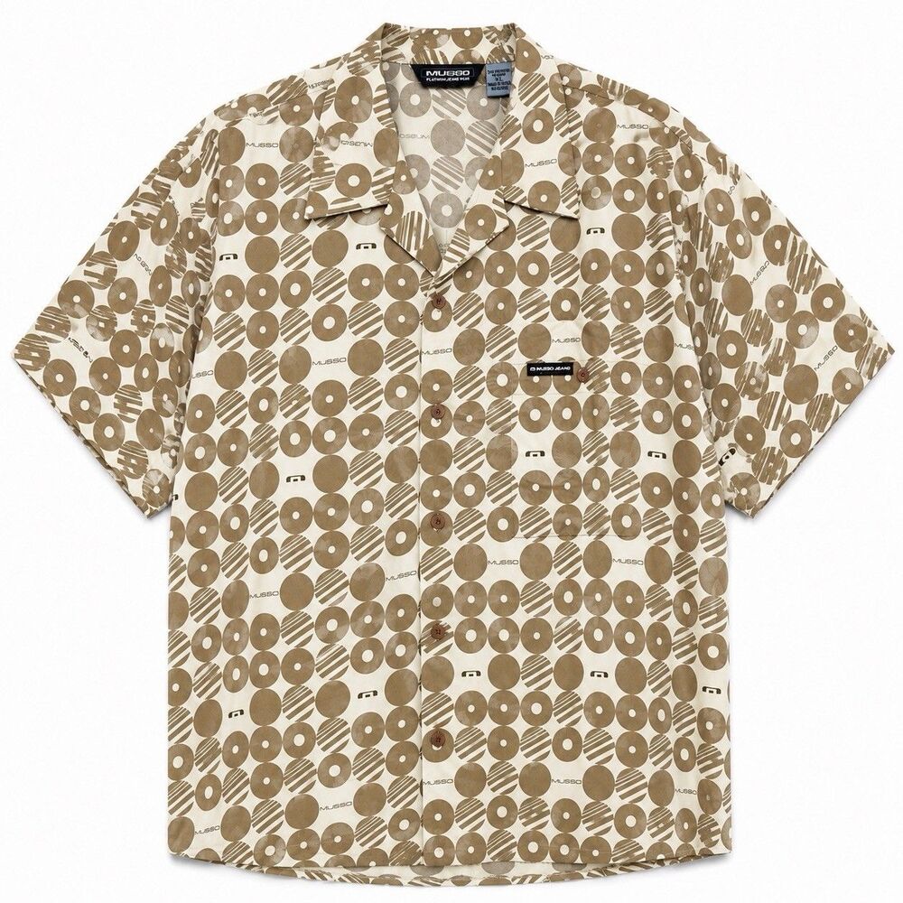 Musso Platinum Jeans Shirt Mens XL Tan Brown Geometric Print Button Front Y2K